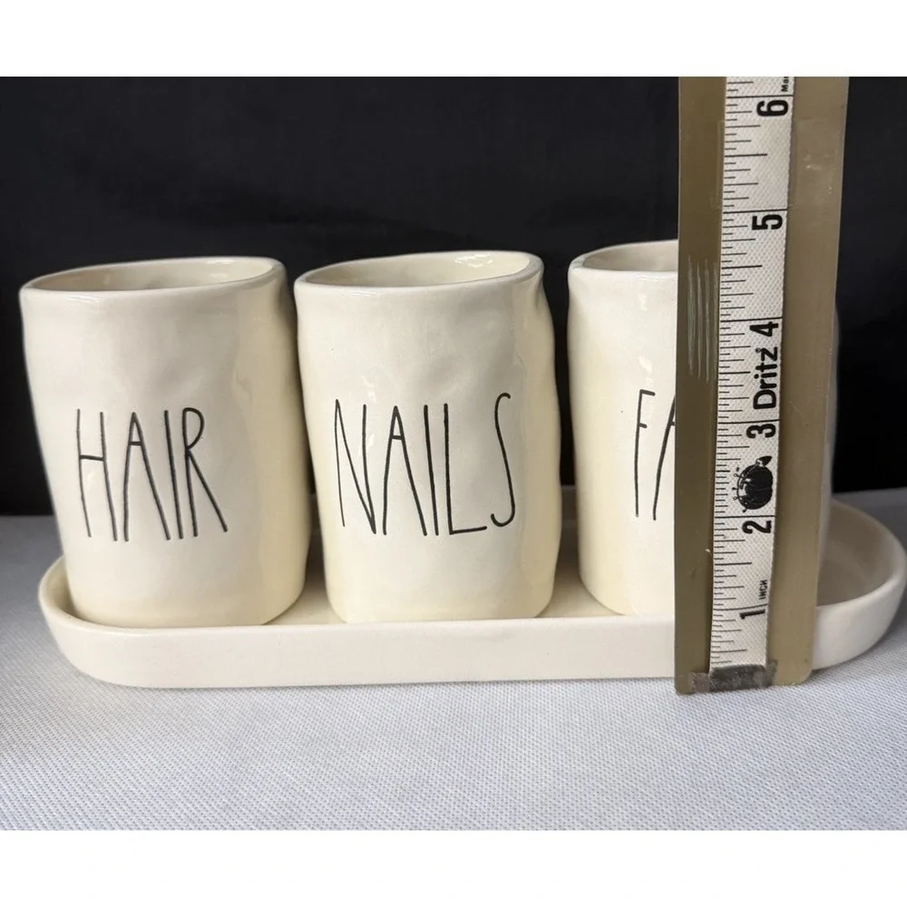 Rae Dunn FACE NAILS HAIR Cosmetic Holders Cup + Tray Long Skinny Letter Font